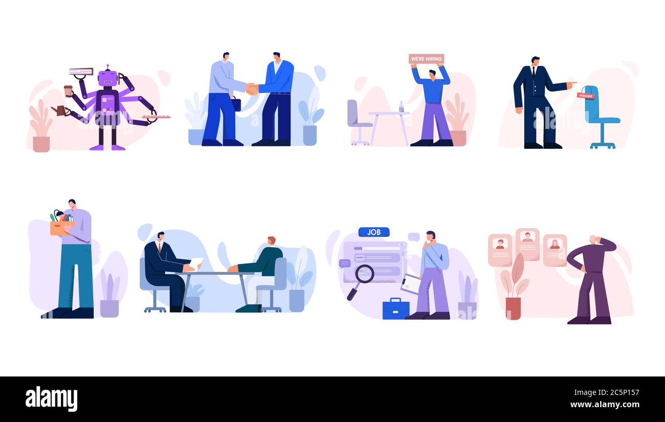 Search work set. Characters conclude business contract interview with new candidate. Stock Vector