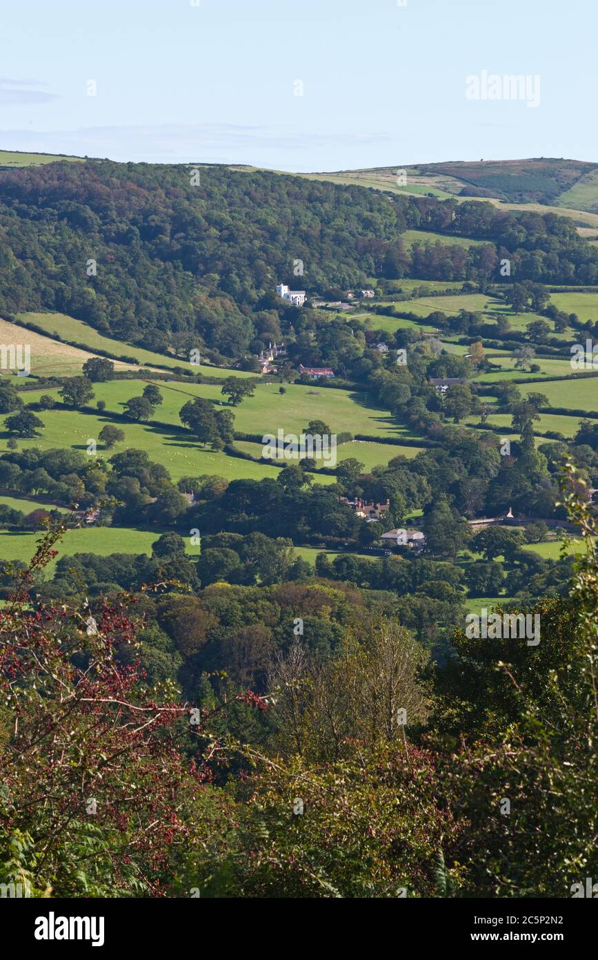 An autumnal view from Crawter Hill across the hills and moors of the Exmoor National Park toward Selworthy Hill, in Somerset, England, UK Stock Photo