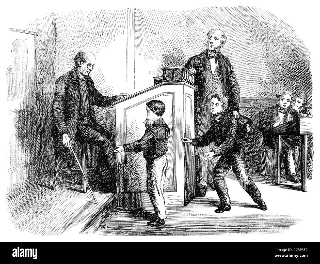 An engraved illustration image of a teacher in a school classroom giving a boy pupil caning punishment discipline from a Victorian book dated 1870 tha Stock Photo