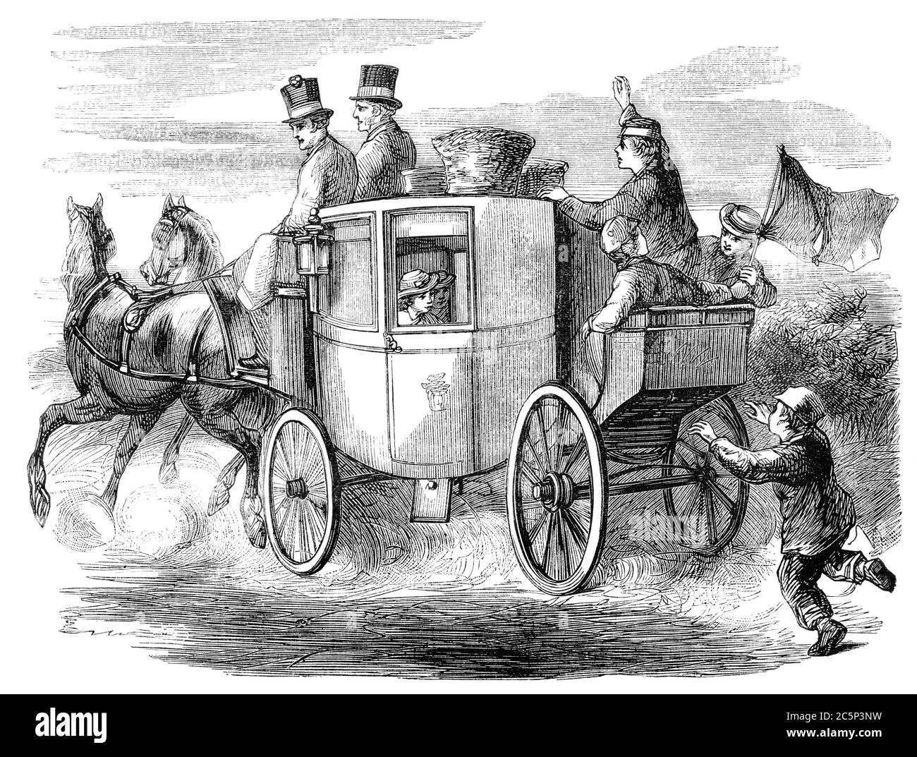 An engraved illustration image of an old fashioned Georgian horsedrawn stagecoach full of travelling passengers from a Victorian book dated 1870 that Stock Photo