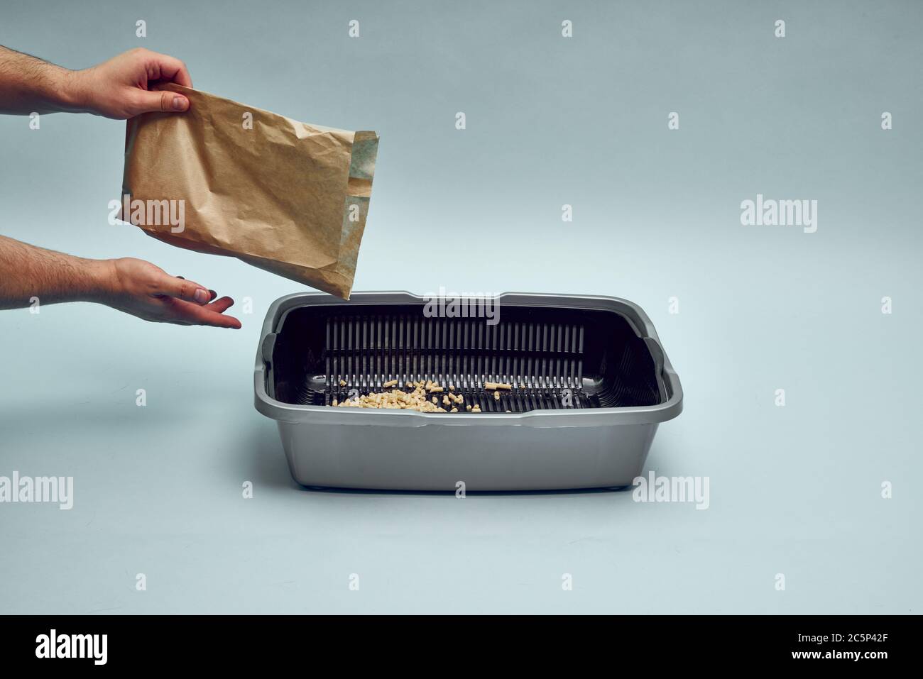 New gray, empty cat tray. Tray filler, biodegradable cat litter. Toilet