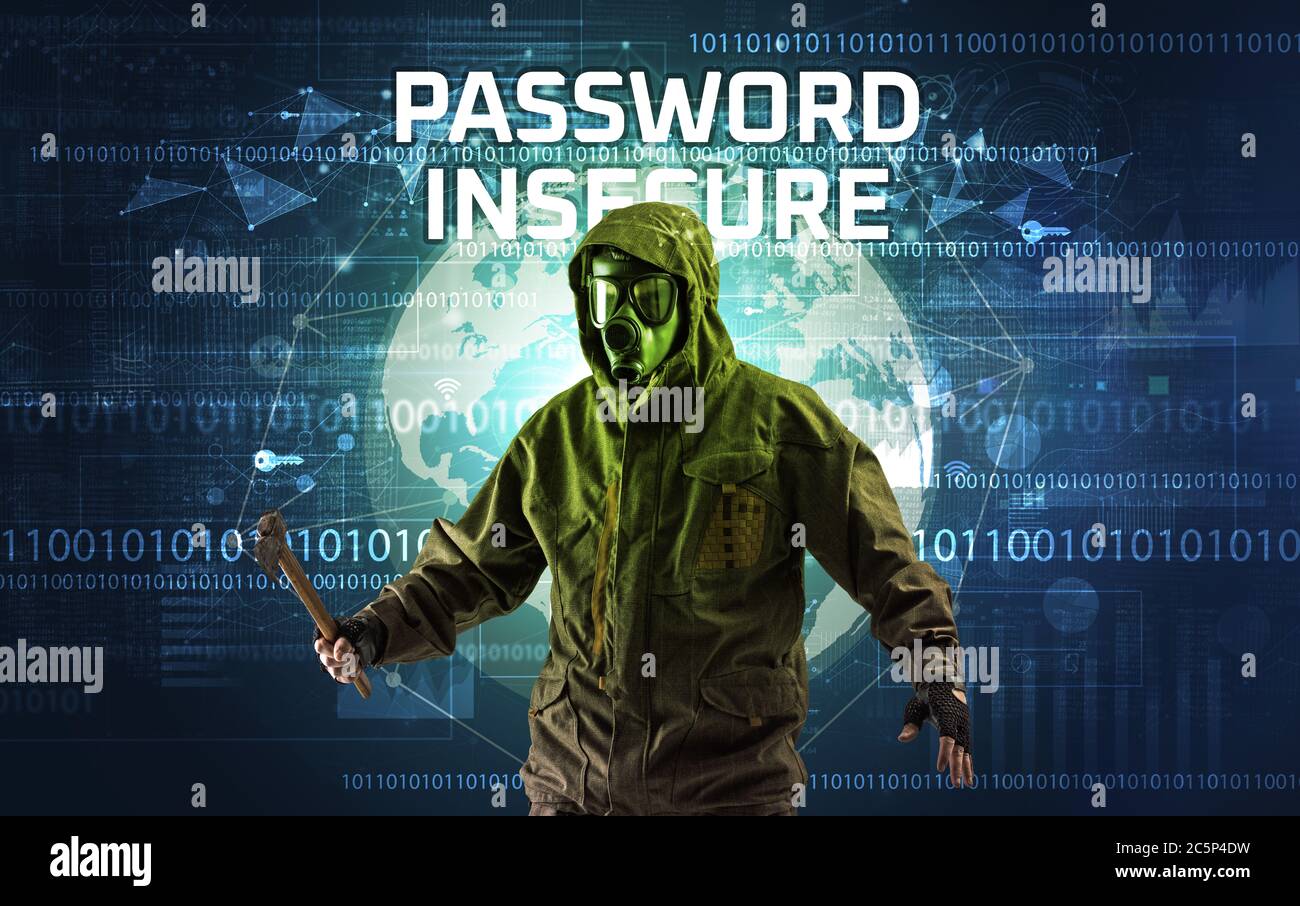 Faceless hacker at work with PASSWORD INSECURE inscription, Computer ...