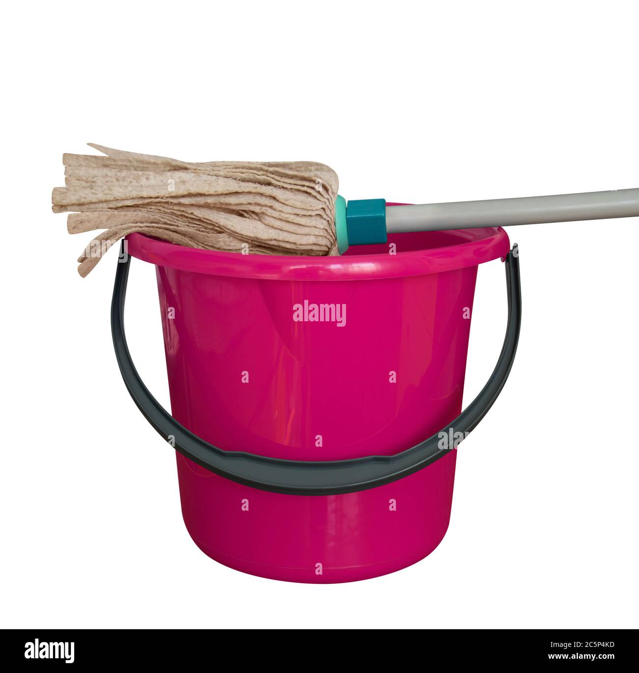 Pink bucket with cleaning mop isolated on a white background. Clipping