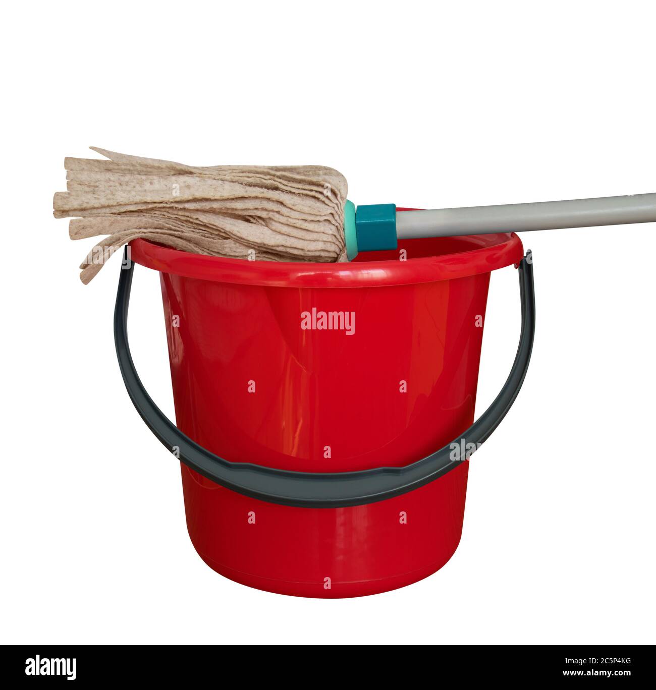 Red bucket with cleaning mop isolated on a white background. Clipping path included Stock Photo