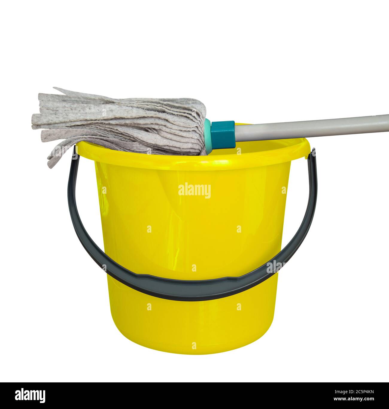 Yellow bucket with cleaning mop isolated on a white background