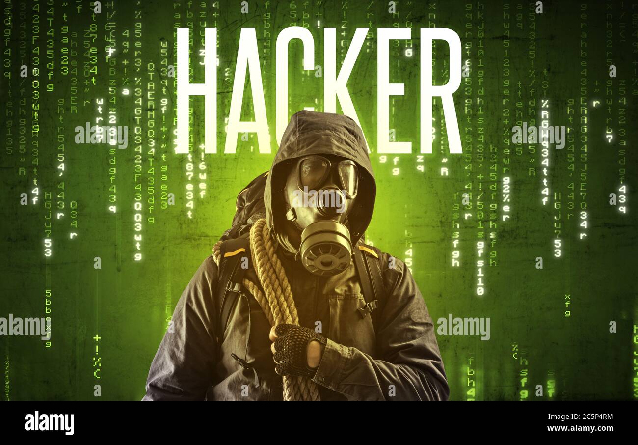 Faceless hacker with HACKER inscription, hacking concept Stock Photo