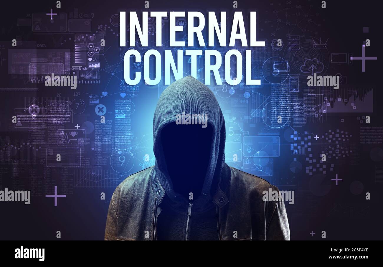 Faceless man with INTERNAL CONTROL inscription, online security concept Stock Photo