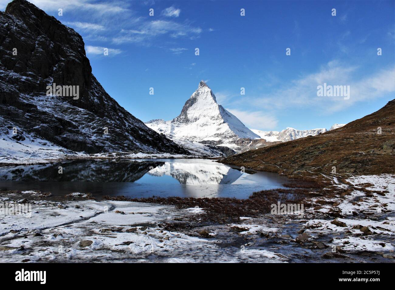 Matterhorn mountain reflection on riffelsee lake ,Switzerland Stock Photo