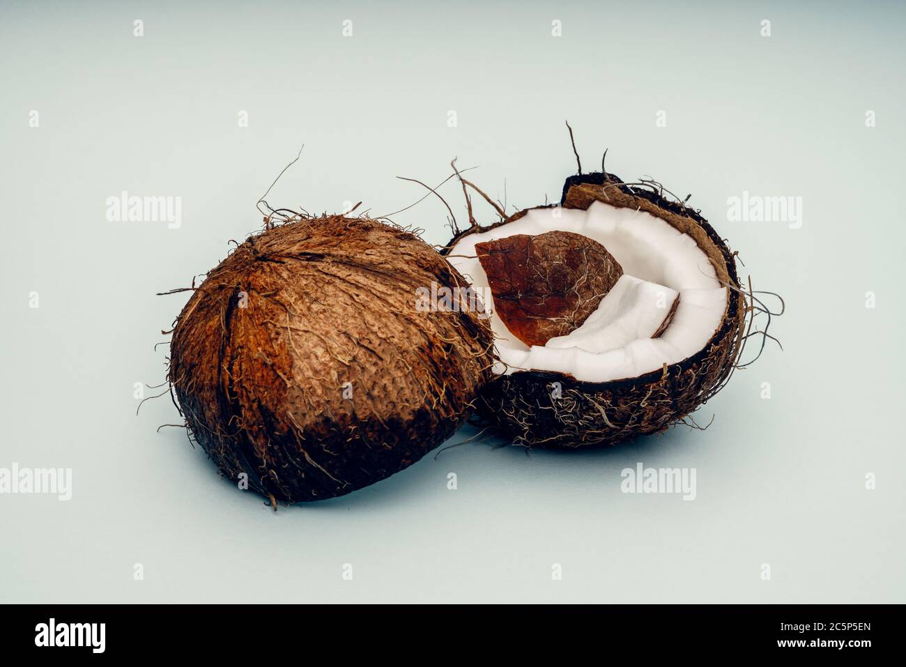 Parts of coconut on a colored background. Close up. Fresh ripe coconut