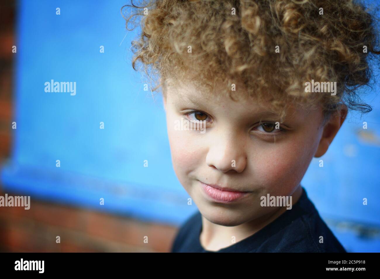 Young boy looking into the camera, smirking and thoughtful. Stock Photo