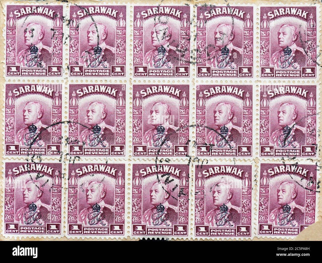 Sarawak (Malaysia, Borneo) postage stamps issued 1947 with Royal Cypher overprint showing Sir Charles Vyner de Windt Brooke the last rajah of Sarawak Stock Photo