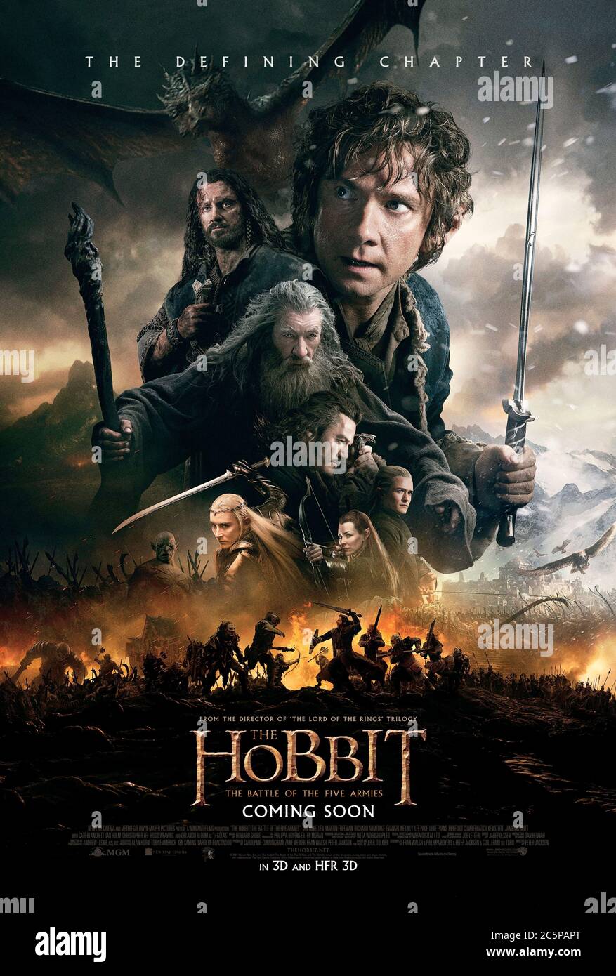 The Hobbit: The Battle of the Five Armies (2014) directed by Peter Jackson and starring Ian McKellen, Martin Freeman, Richard Armitage and James Nesbitt. Final part of the trilogy based on J. R. R. Tolkien's book The Hobbit, Bilbo Baggins fight to keep the Lonely Mountain from falling into the hands of the mysterious Necromancer. US advance poster ***EDITORIAL USE ONLY***. Credit: BFA / Warner Bros Stock Photo