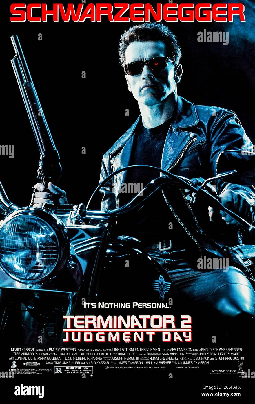 Terminator 2: Judgment Day (1991) directed by James Cameron and starring Arnold Schwarzenegger, Linda Hamilton, Edward Furlon and Robert Patrick. Innovative sequel where the Skynet supercomputer tries to kill a future resistant leader whilst he is still a child. Stock Photo
