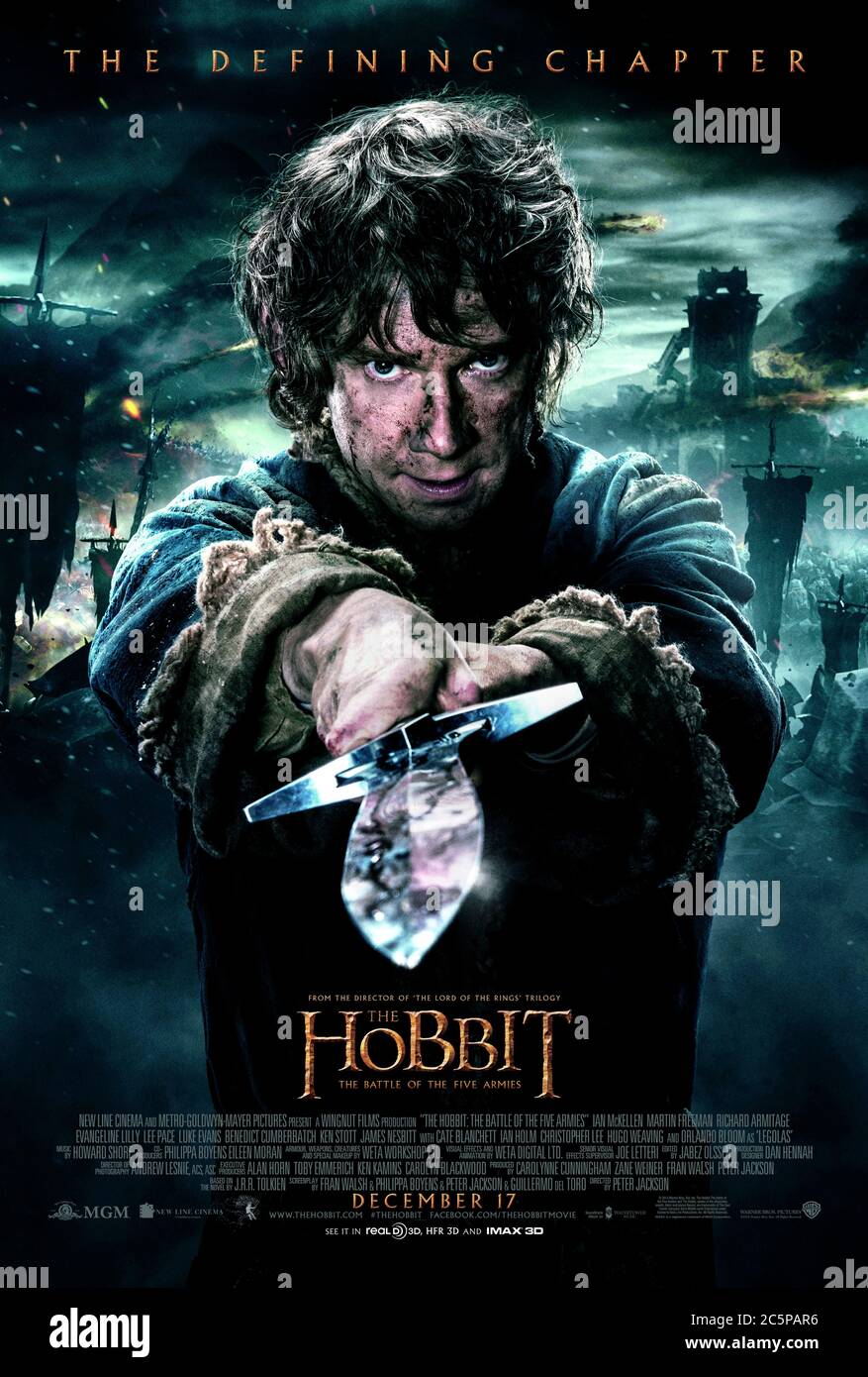 The Hobbit: The Battle of the Five Armies (2014) directed by Peter Jackson and starring Ian McKellen, Martin Freeman, Richard Armitage and James Nesbitt. Final part of the trilogy based on J. R. R. Tolkien's book The Hobbit, Bilbo Baggins fight to keep the Lonely Mountain from falling into the hands of the mysterious Necromancer. Stock Photo