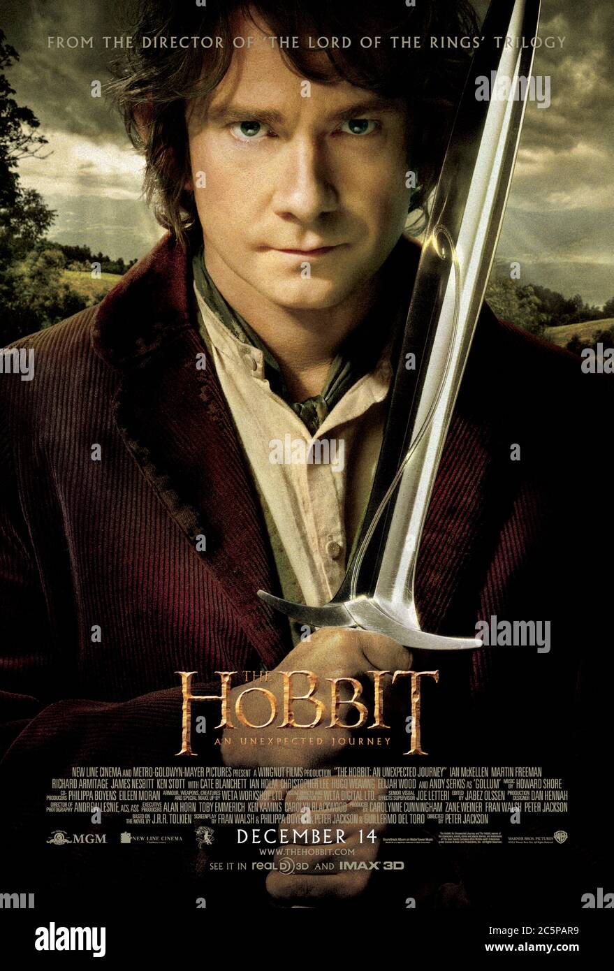 The Hobbit: An Unexpected Journey (2012) directed by Peter Jackson and starring Ian McKellen, Martin Freeman, Richard Armitage and James Nesbitt. First part of the trilogy based on J. R. R. Tolkien's book The Hobbit, Bilbo Baggins joins the dwarves to reclaim their home from the dragon Smaug. US one sheet poster ***EDITORIAL USE ONLY***. Credit: BFA / Warner Bros Stock Photo