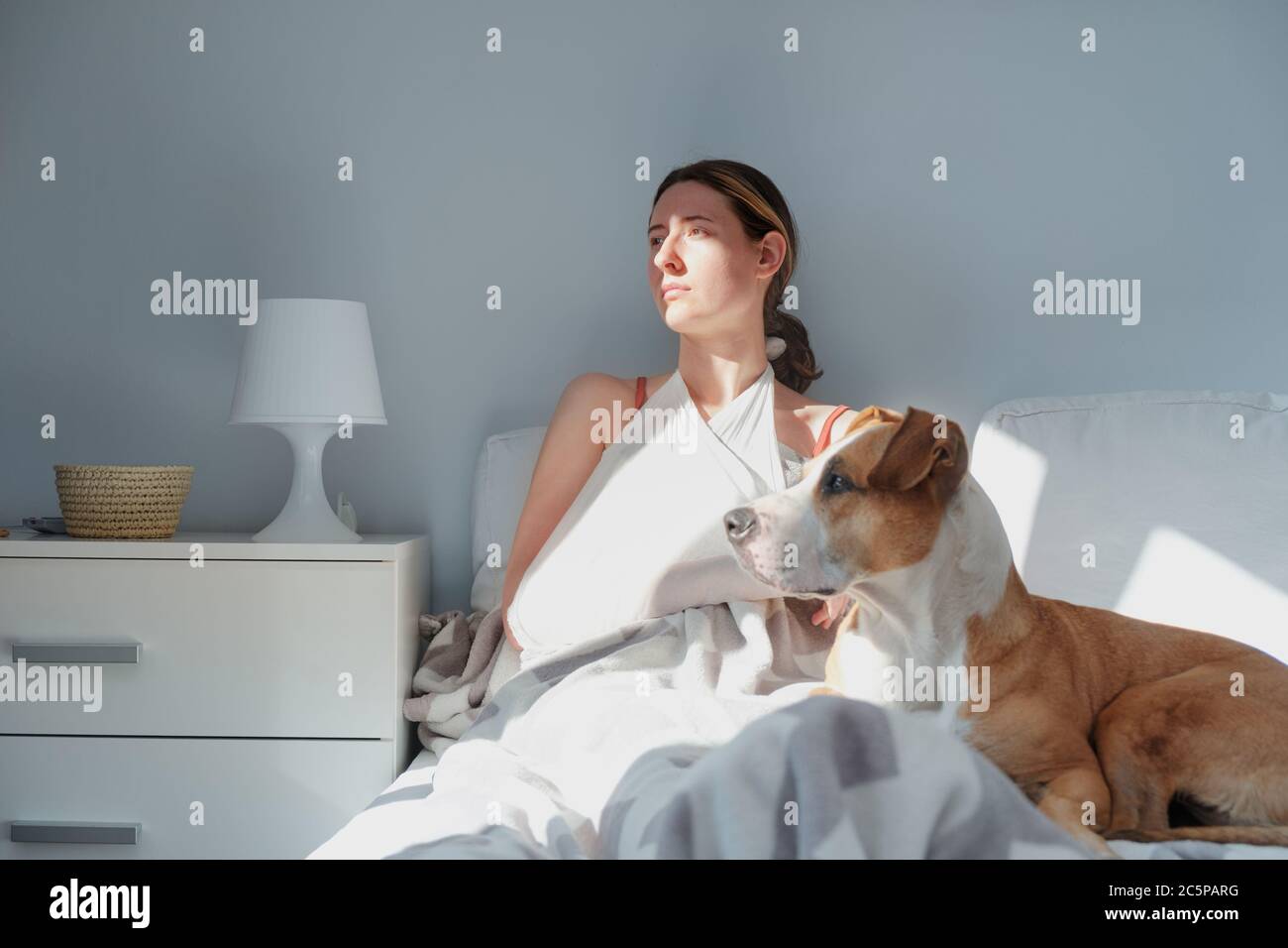 Sick woman with hurt arm in bed with a dog. Caucasian female adult in bright sun-lit room rests with her pet, concept of self treatment, medical treat Stock Photo