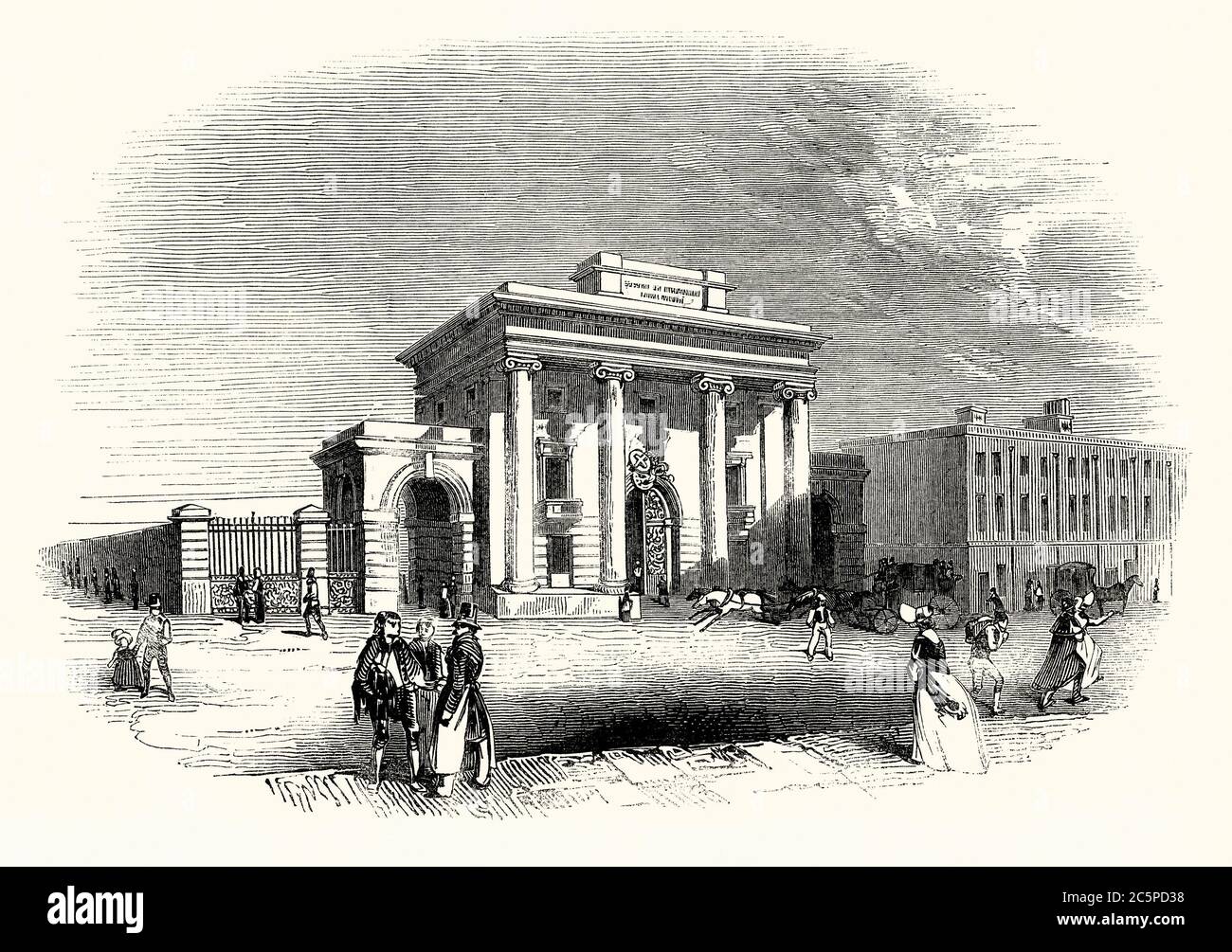An old engraving of Curzon Street Station, Birmingham, England, UK c 1840. Curzon Street (originally Birmingham station) opening in 1838. The station closed to passenger trains in 1893. The building was designed by Philip Hardwick as the company’s offices. The architecture is Roman inspired, with its tall pillars along the frontage. In the original design (as shown in the engraving) it was to be flanked by two arches leading into the station – these were not built. In 2017 plans were approved to redevelop this building as part of the Birmingham rail terminus for High Speed 2 (HS2). Stock Photo