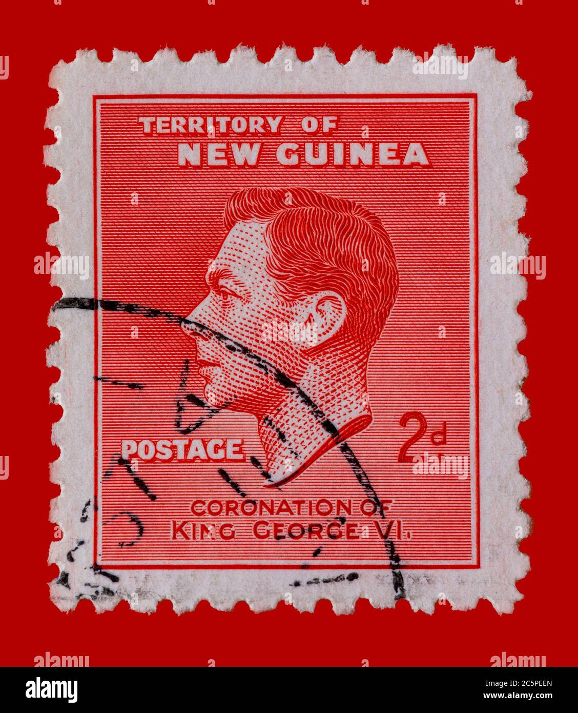Cancelled postage stamp bearing King George VI.  Printed around 1937 with a face value of 2d or two pence. Stock Photo
