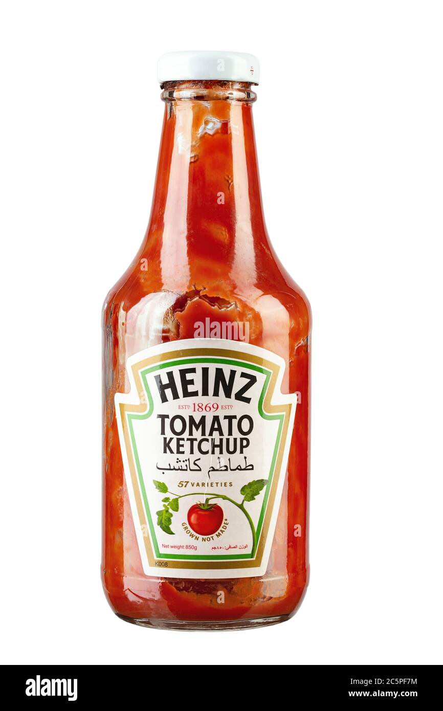 Ukraine, Kyiv - June 02. 2020:  Bottle of Heinz Ketchup isolated on white background. Used ketchup bottle. File contains clipping path. Stock Photo