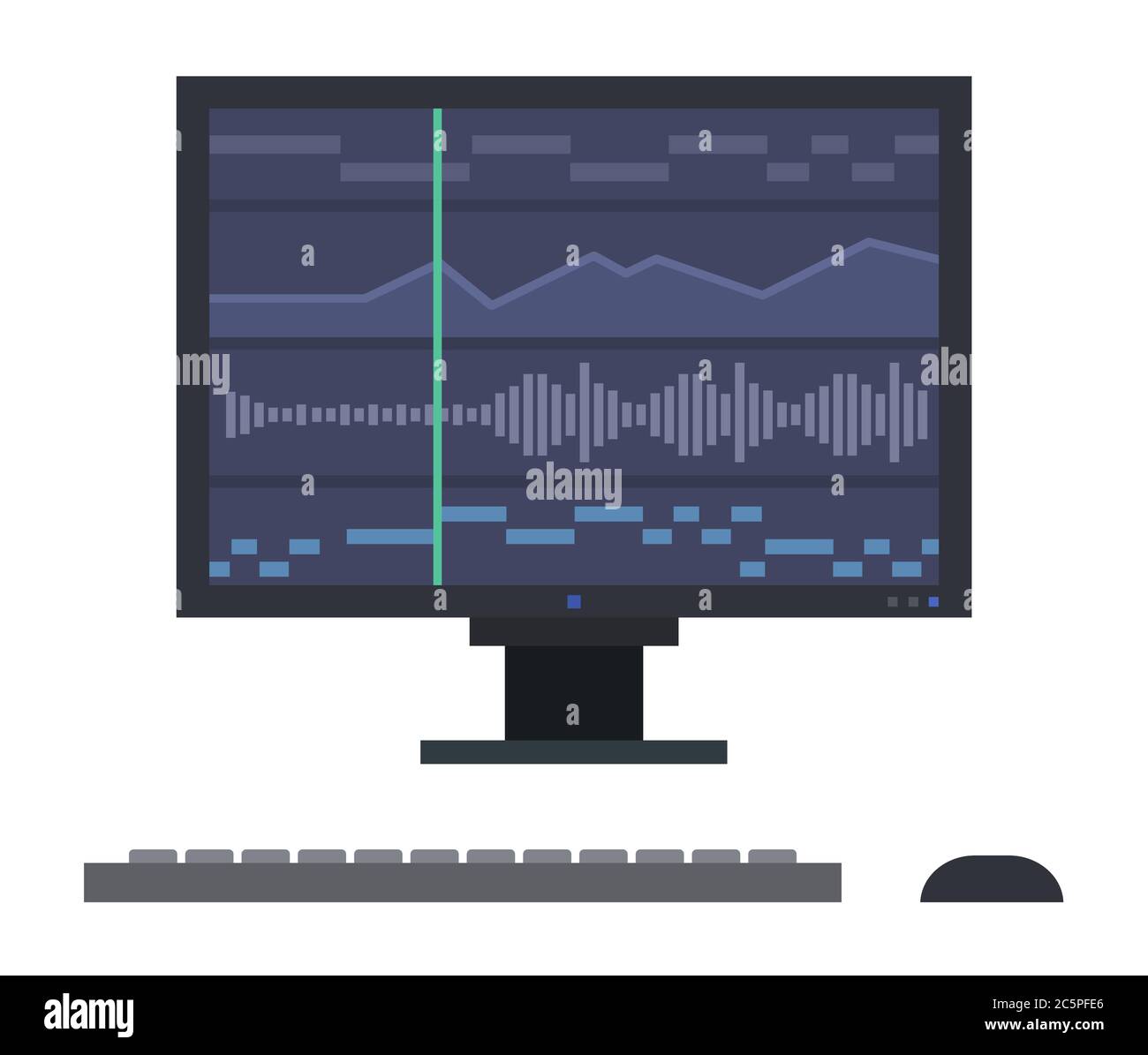 Graphs of sound waves on a computer monitor Musician vector icon flat