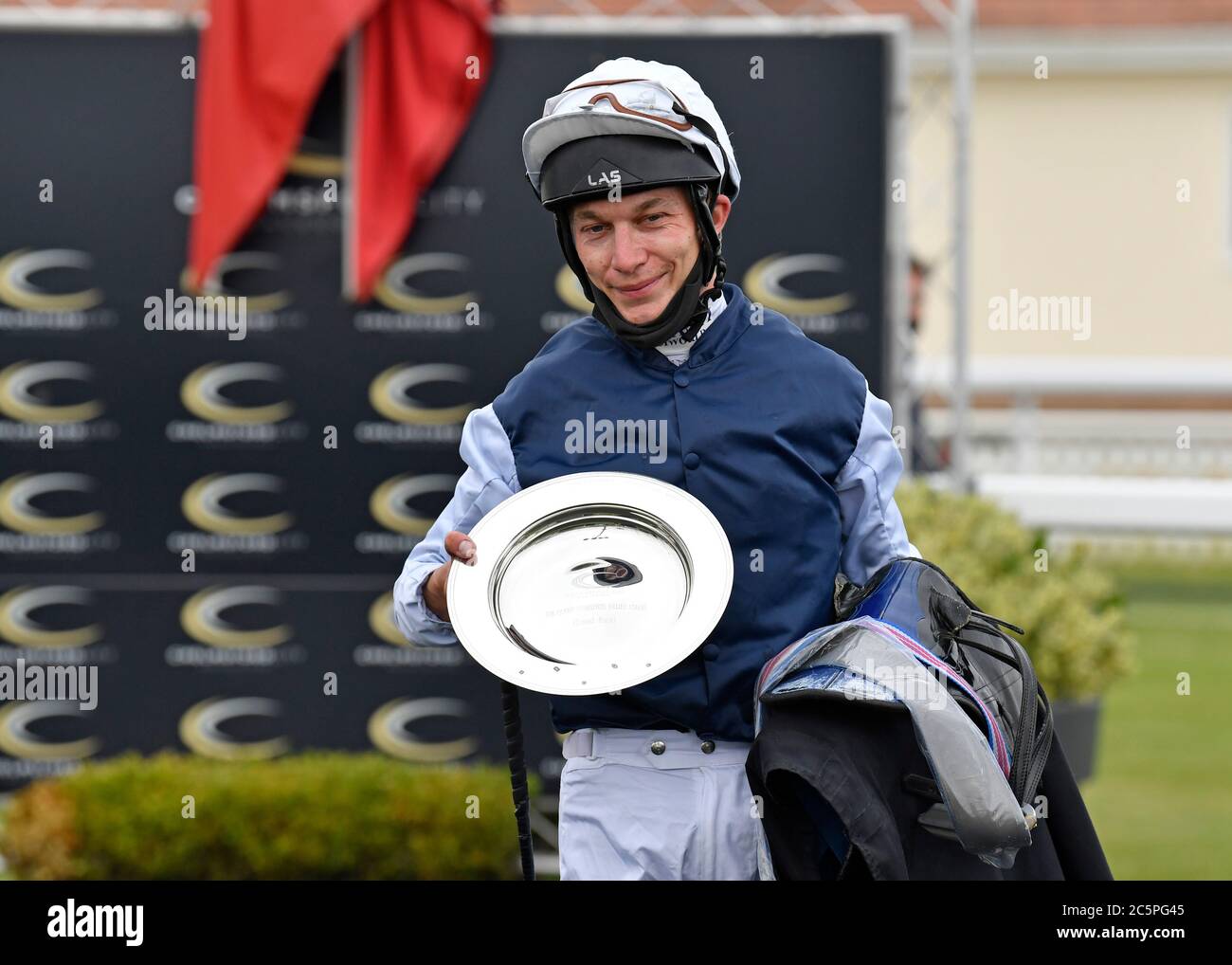 Jockey Luke Morris after winning the Queen Charlotte Fillies’ Stakes (Listed) on Miss Celestial at Chelmsford City Racecourse. Stock Photo