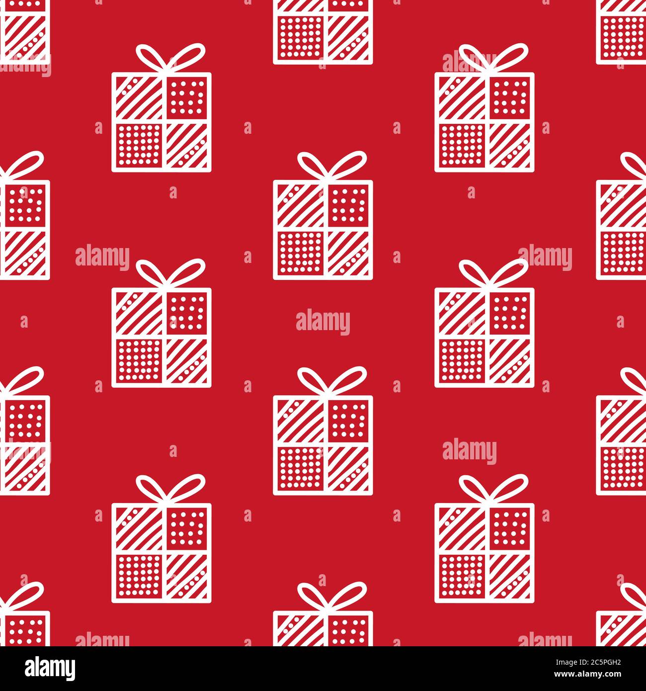 Seamless pattern made from white doodle gift boxes with bow on red background. Vector stock illustration. Stock Vector