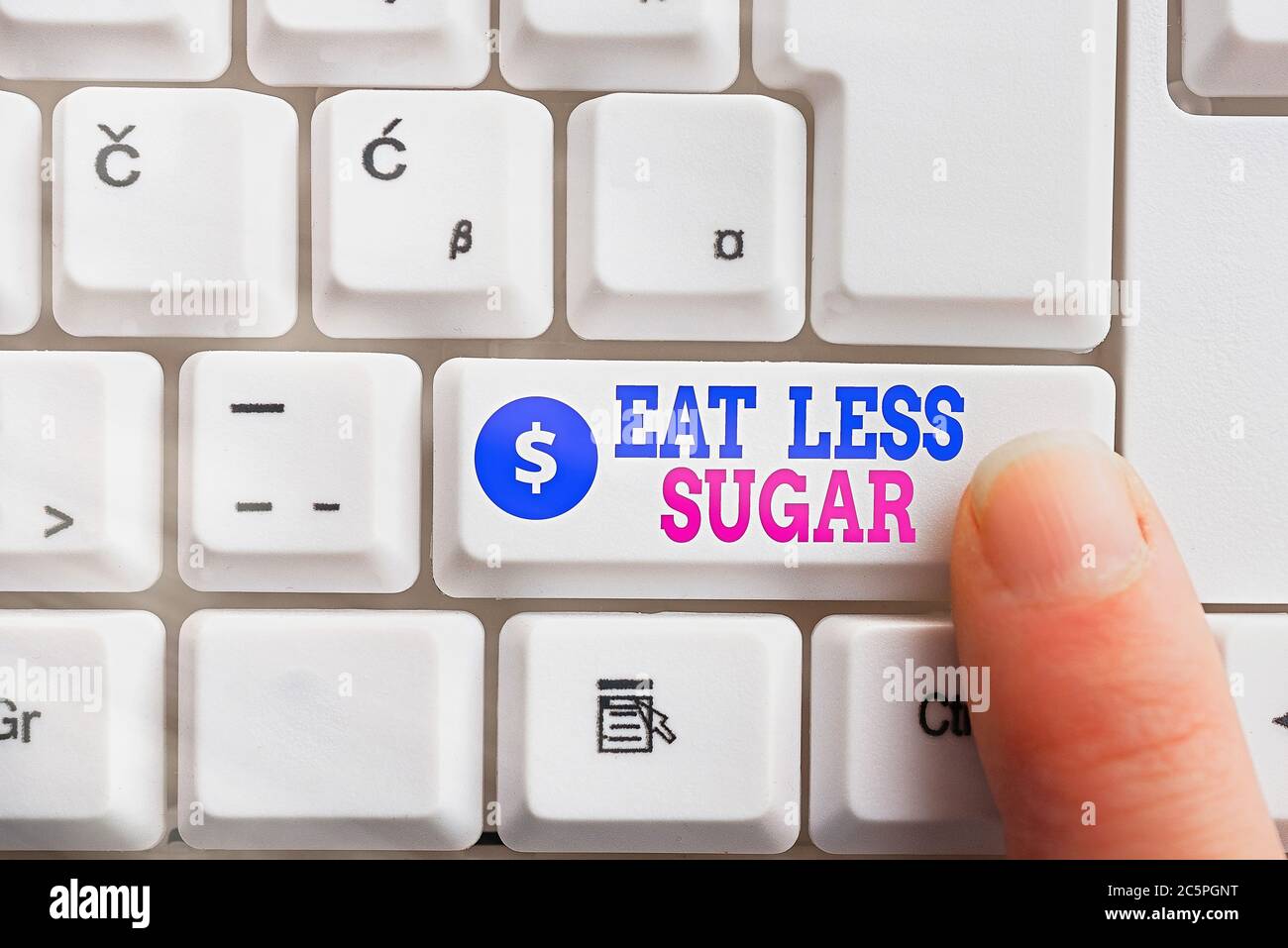 Writing note showing Eat Less Sugar. Business concept for reducing ...