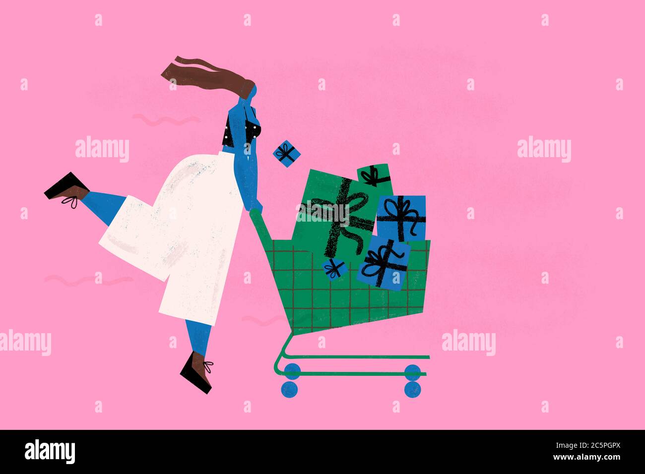 A young woman happily goes shopping and pushes a shopping cart full of gifts. Commercial banner or advertisement illustration. Stock Photo