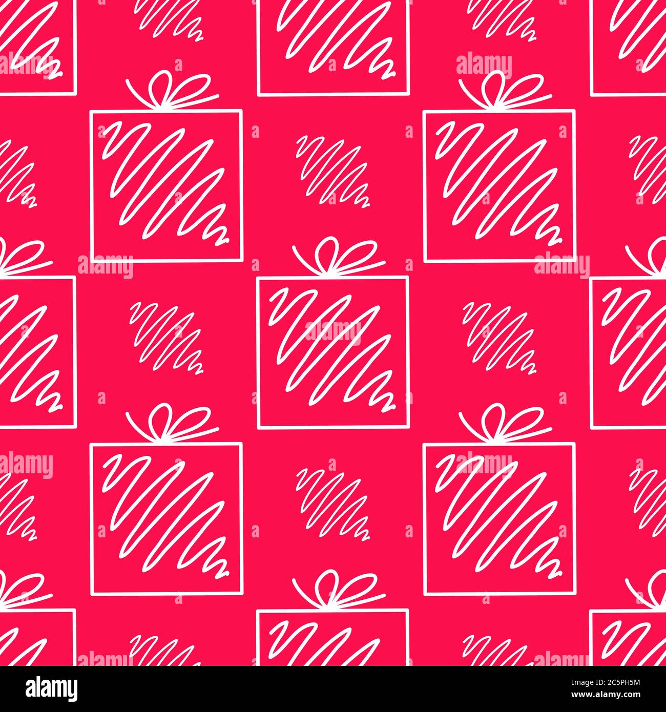 Seamless pattern made from white doodle gift boxes with bow on pink ...