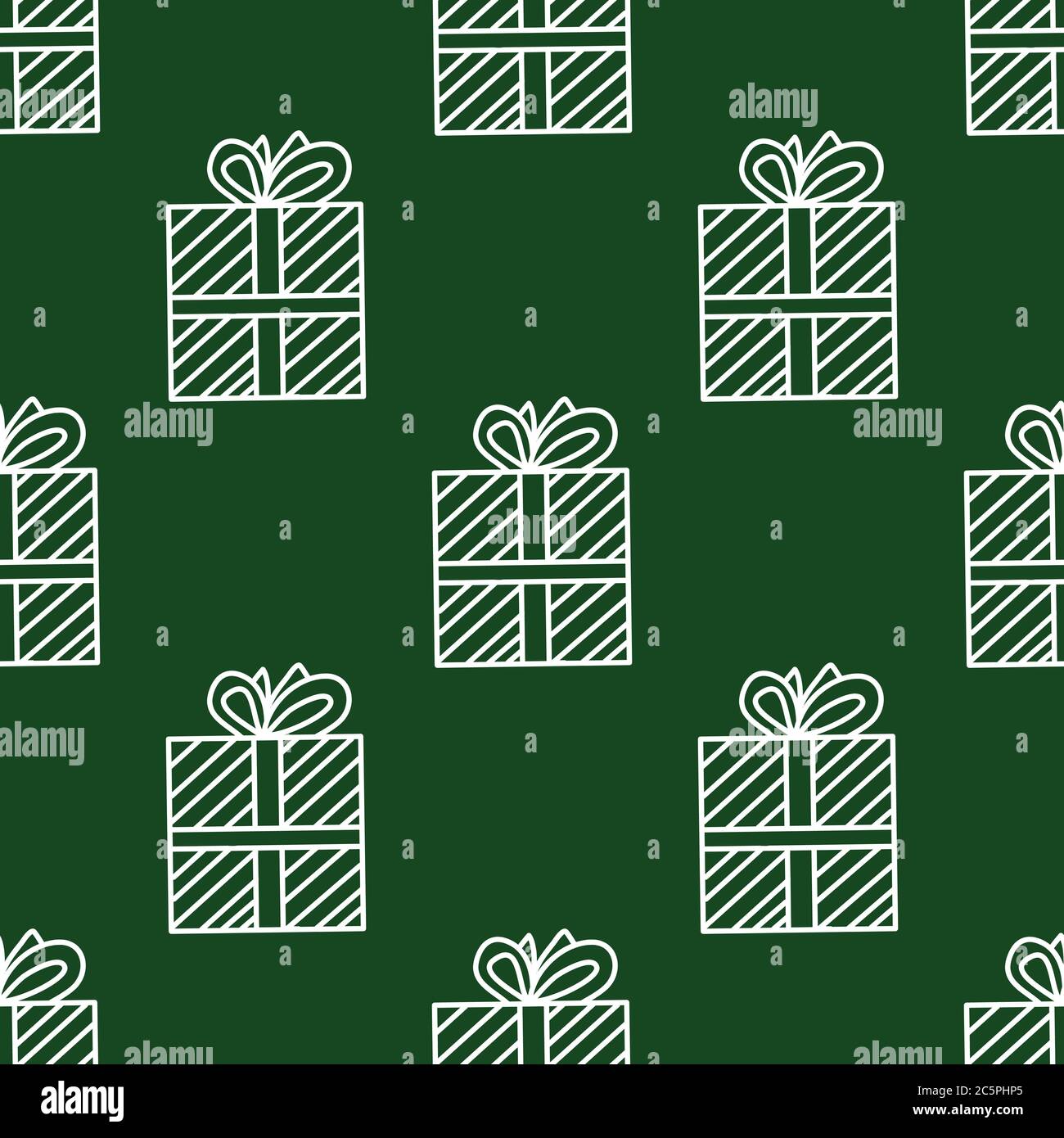 Seamless pattern made from white doodle gift boxes with bow on green background. Vector stock illustration. Stock Vector