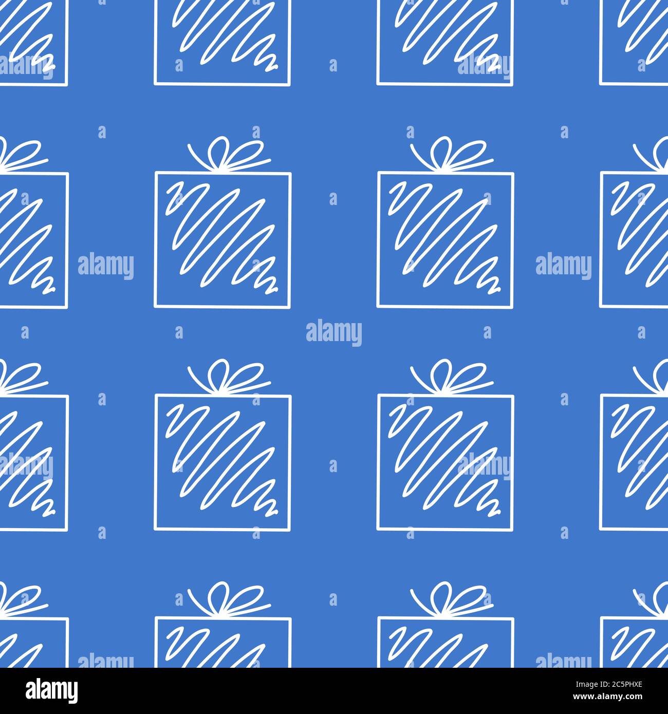 Seamless pattern made from white doodle gift boxes with bow on red background. Vector stock illustration. Stock Vector
