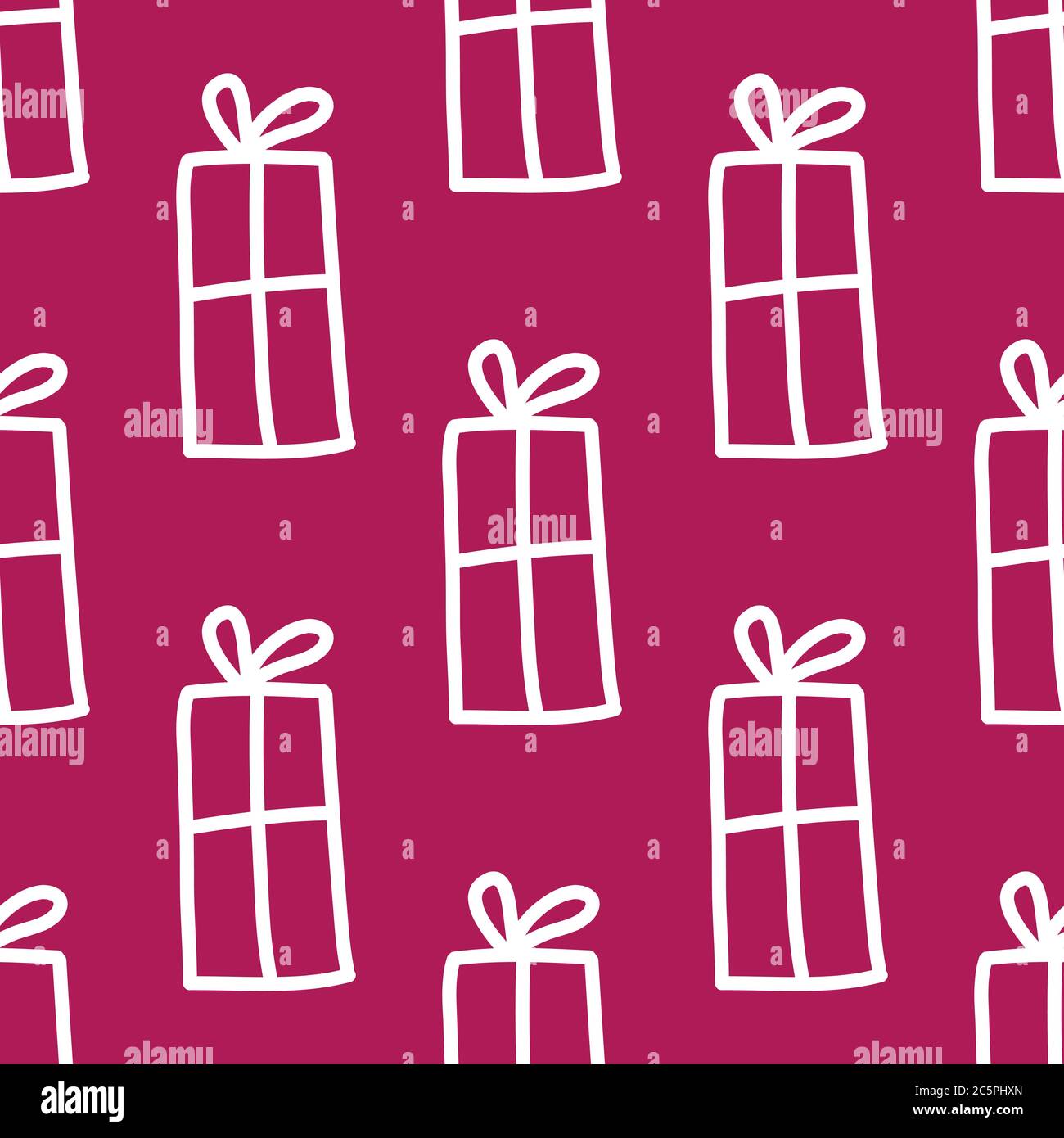 Seamless pattern made from white doodle gift boxes with bow on red background. Vector stock illustration. Stock Vector