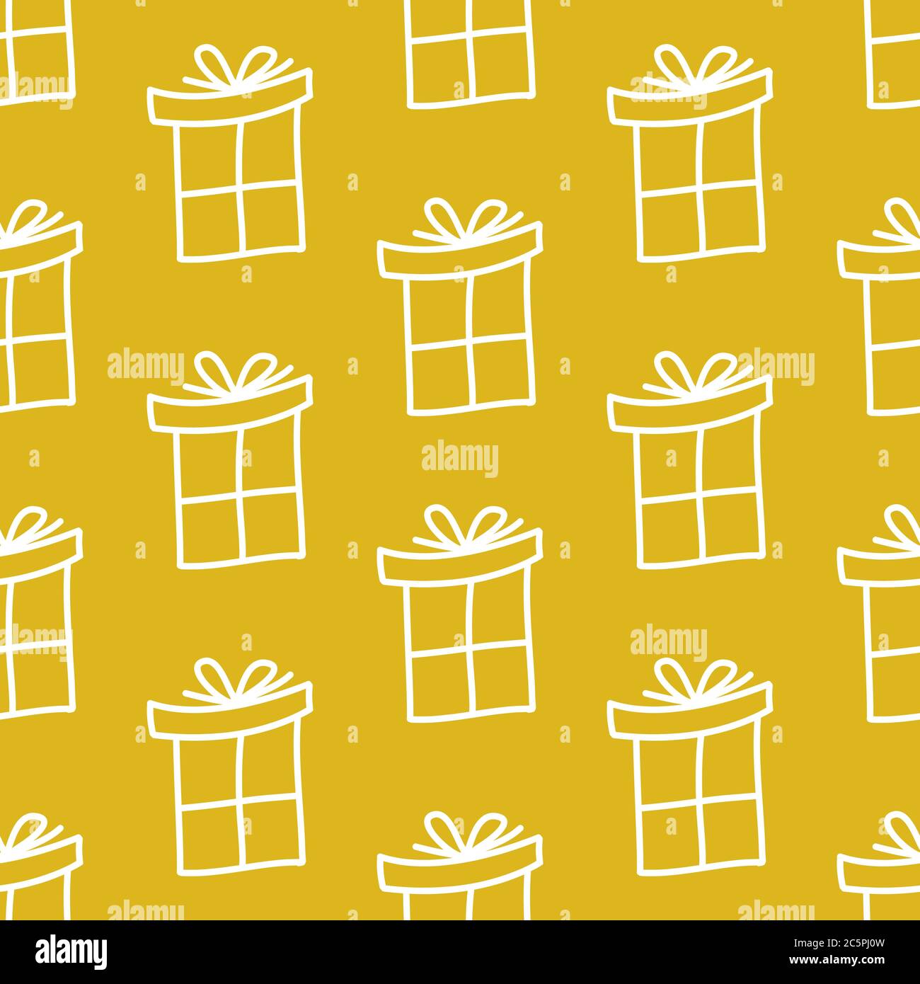 Seamless pattern made from white doodle gift boxes with bow on red background. Vector stock illustration. Stock Vector