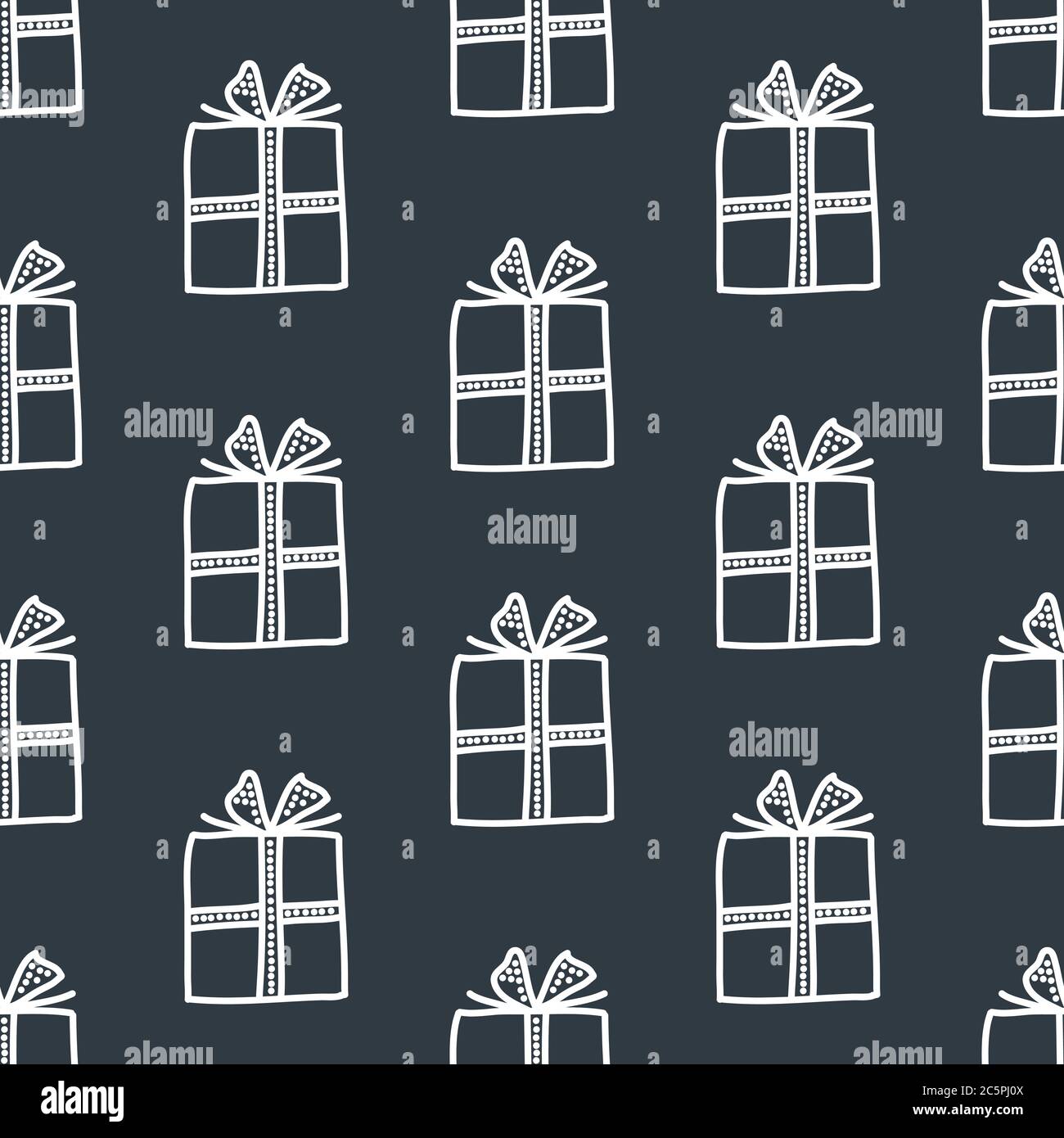 Seamless pattern made from white doodle gift boxes with bow on red background. Vector stock illustration. Stock Vector