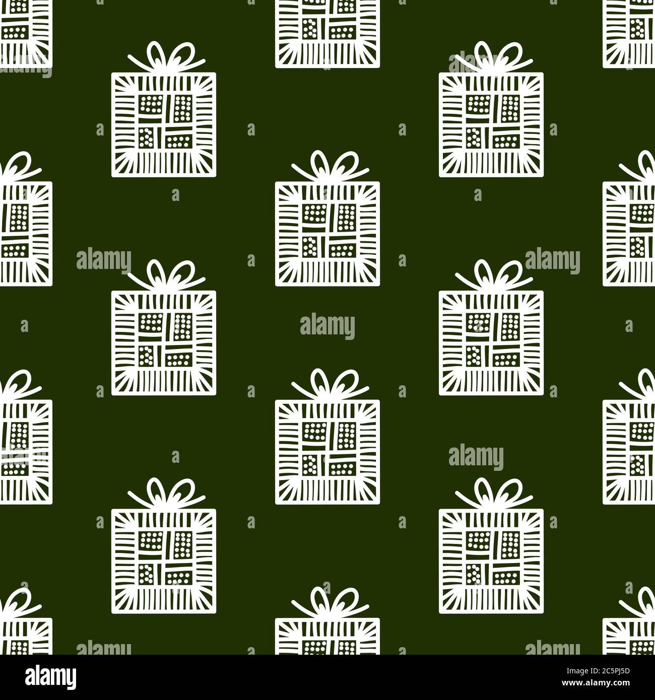 Seamless pattern made from white doodle gift boxes with bow on red ...