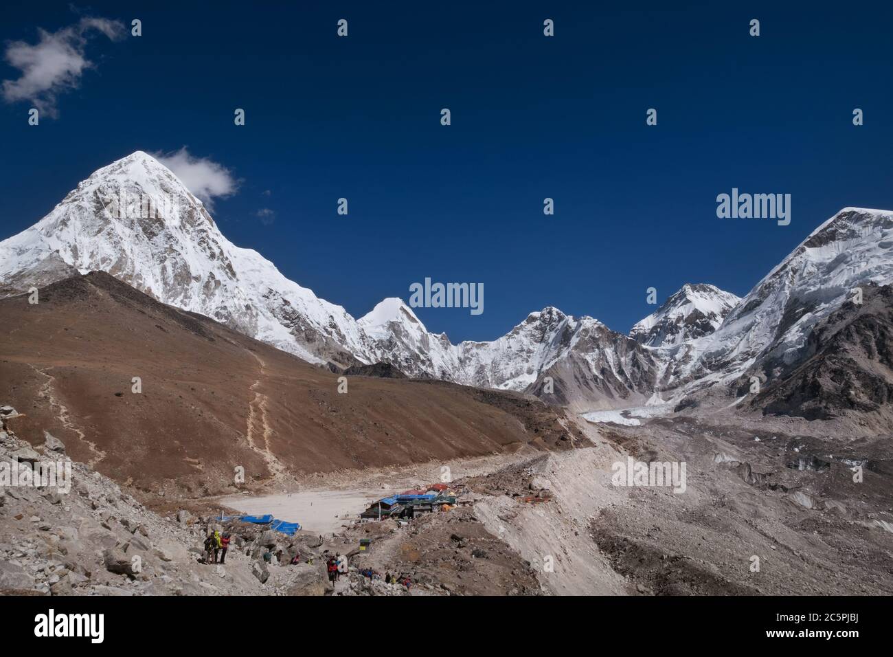 Gorakshep settlement at 5164m panorama shot with Khumbu Glacier the
