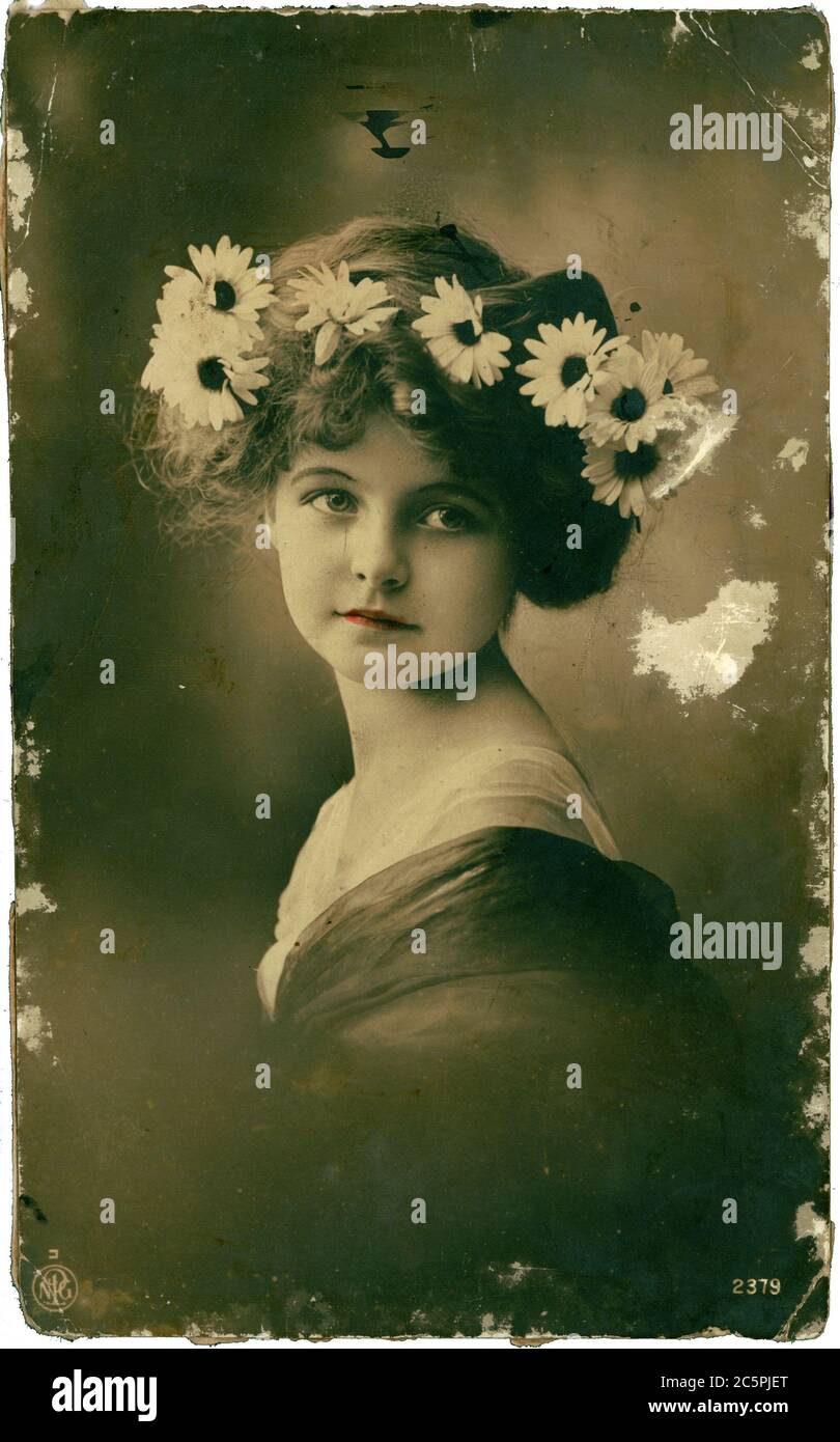 Russia Circa 1915 Retro Postcard Depicts Young Woman Portrait Circa 1915 Russia Vintage 