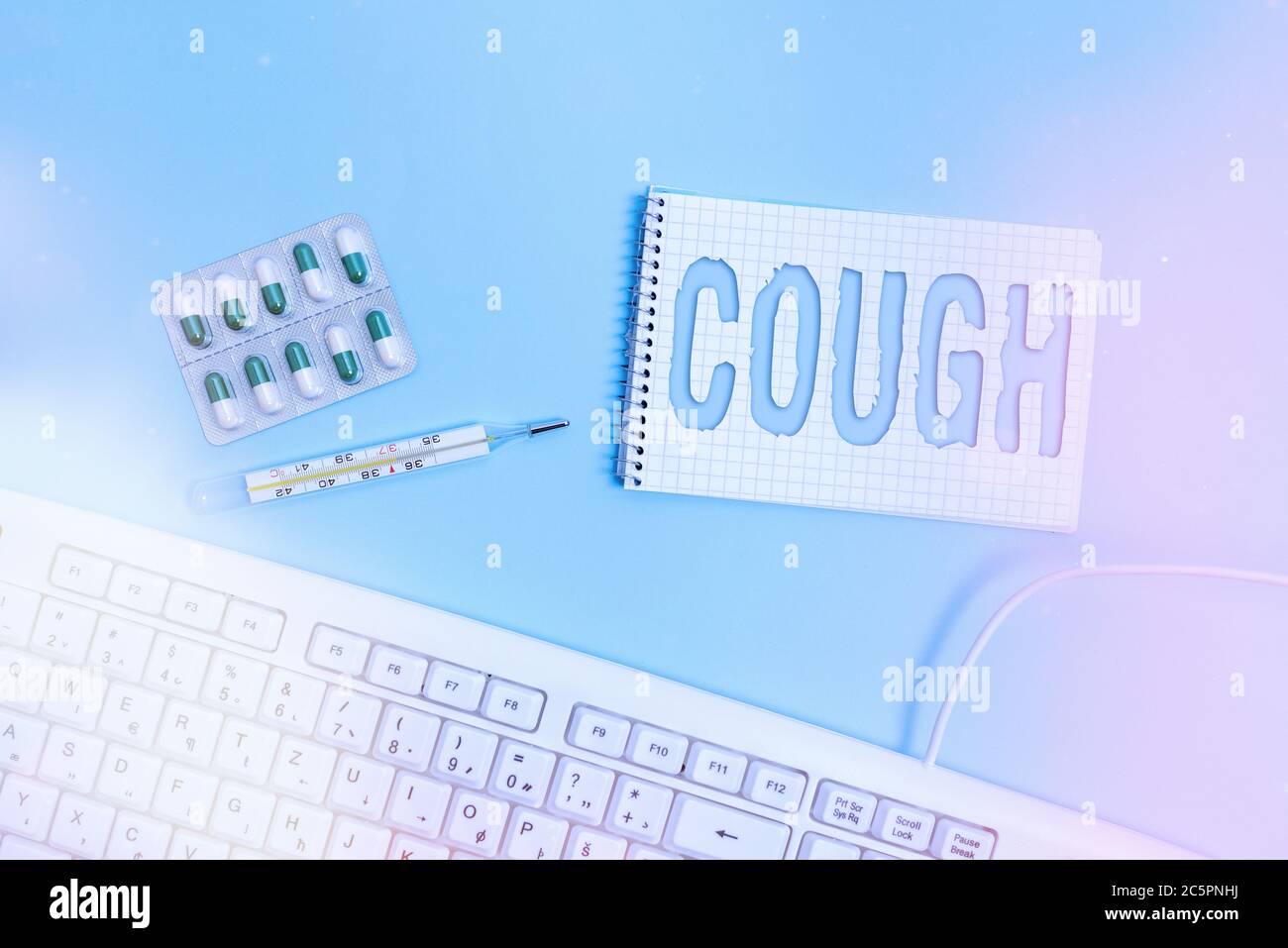 Conceptual Hand Writing Showing Cough Concept Meaning Sudden Expulsion Of Air Throughout The Passages To Clear Airways Set Of Medical Equipment With Stock Photo Alamy