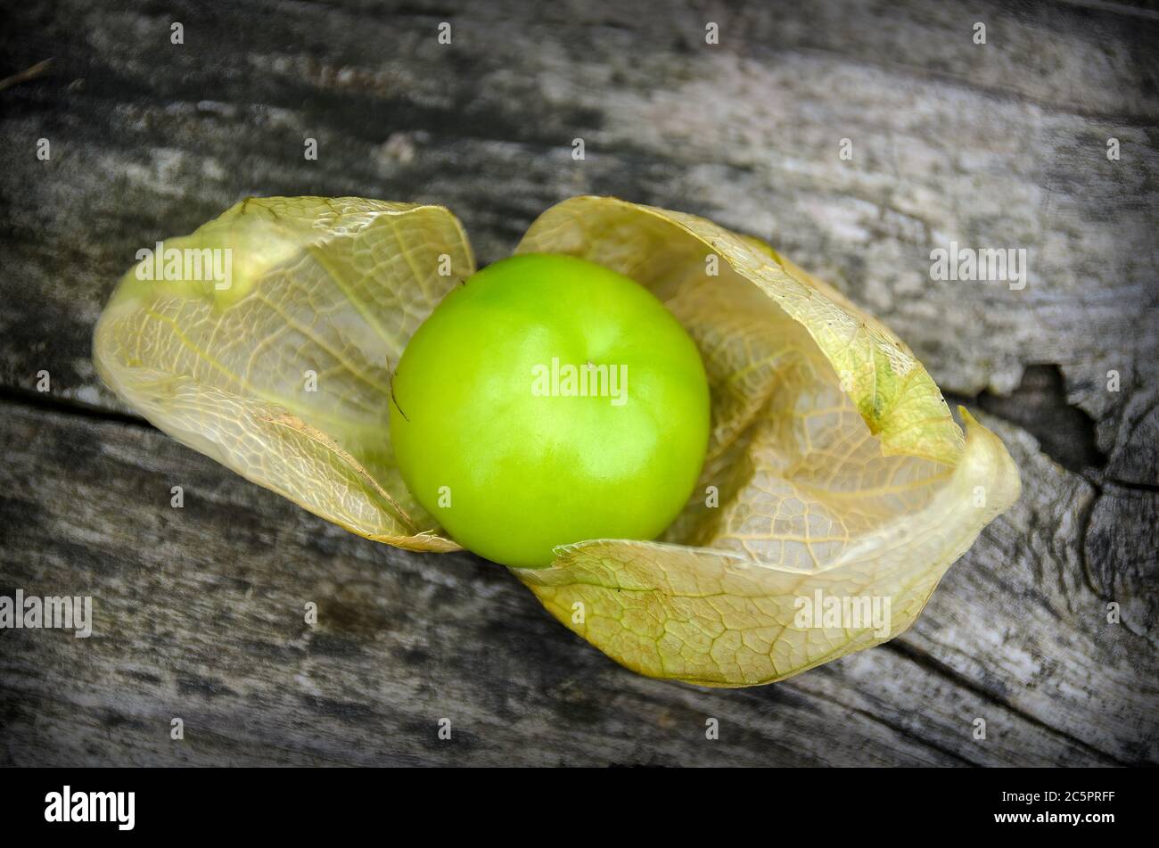 stilllife of a fruit of the plant Tomatillo with husk on old wood Stock Photo