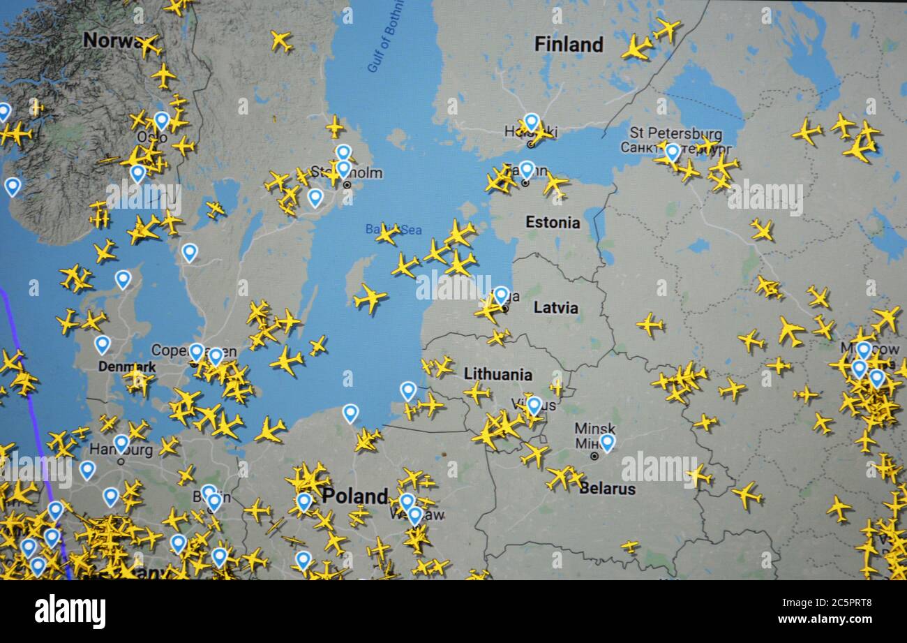 map of air traffic over North Europe countries, ( 04 july 2020, UTC 14.58),  with Flightradar 24 site. Conoravirus pendemic period Stock Photo
