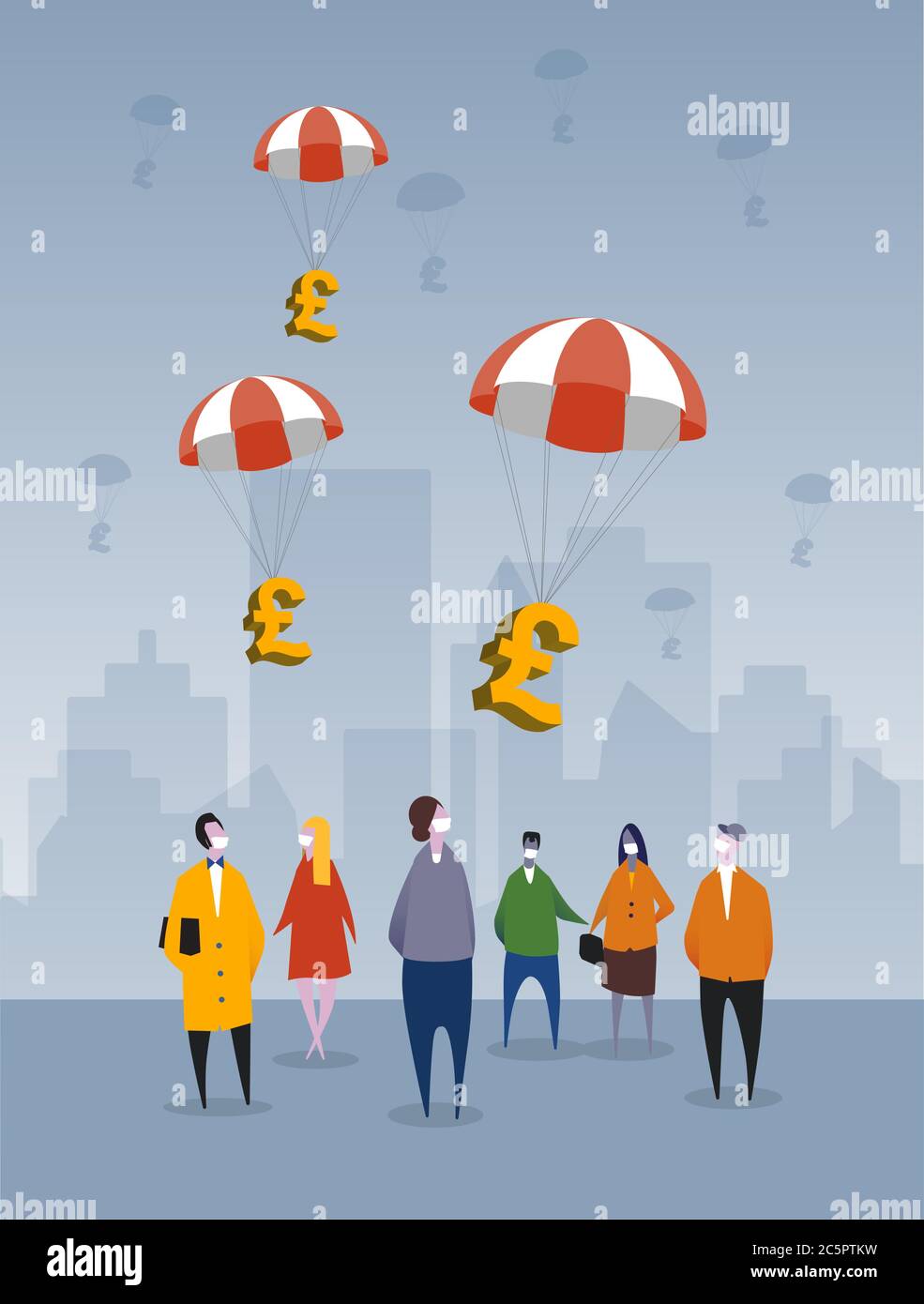 Portrait: The British government plans financial relief  for impending recession from the COVID-19 crisis. Citizens are looking up with city backdrop. Stock Vector