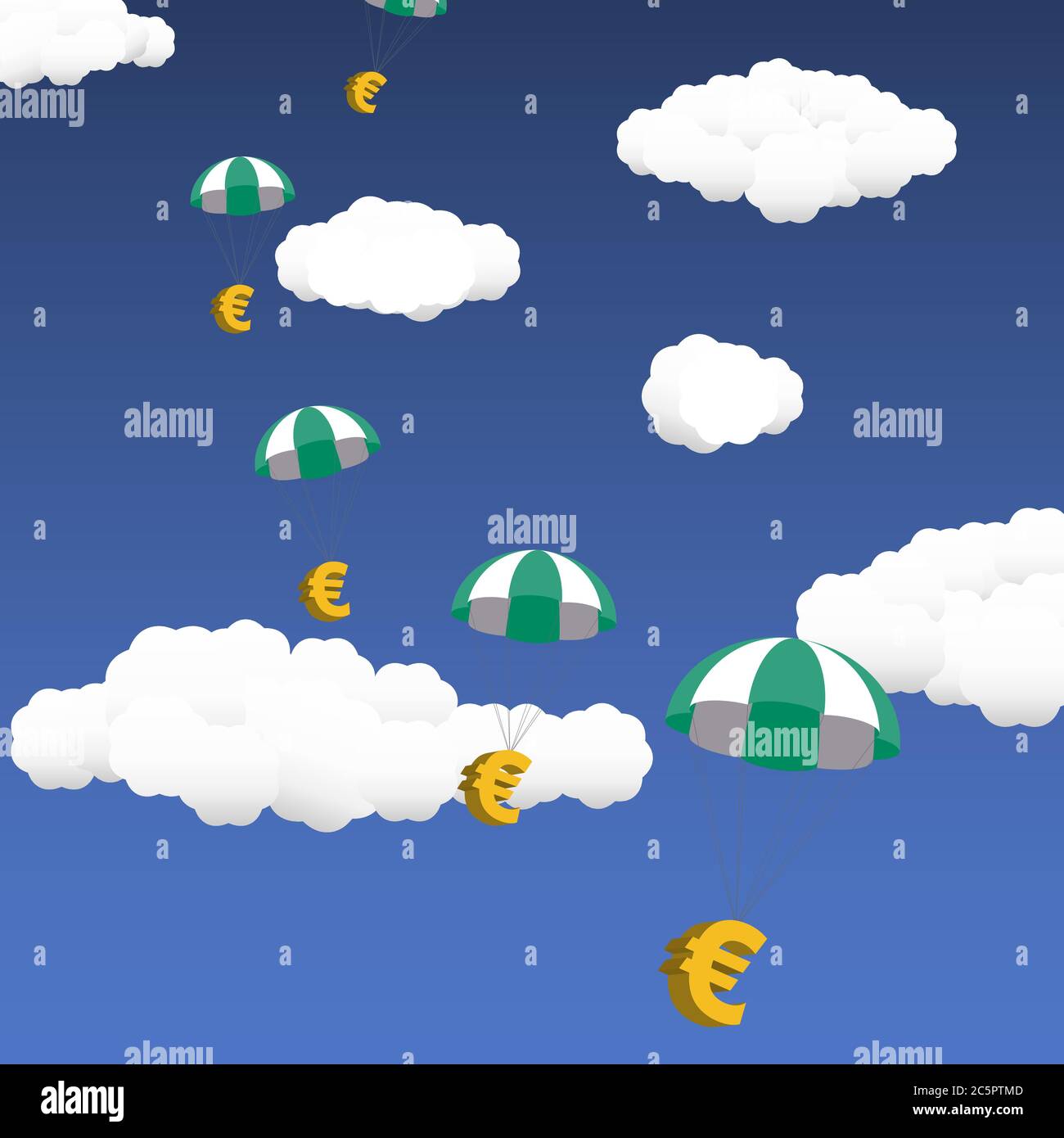 Portrait Version of Euro money parachuting to stave recession through stimulus in EU countries. Stock Vector