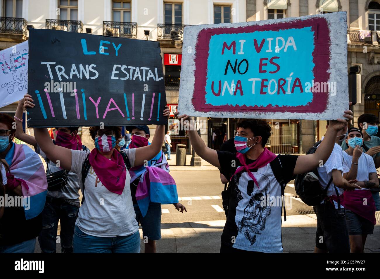 Madrid, Spain. 04th July, 2020. Demonstrators carrying placards attend a protest where Trans community demand a state law that will guarantee gender self-determination. The protest coincides with the Pride celebrations that are taking place this week. Credit: Marcos del Mazo/Alamy Live News Stock Photo