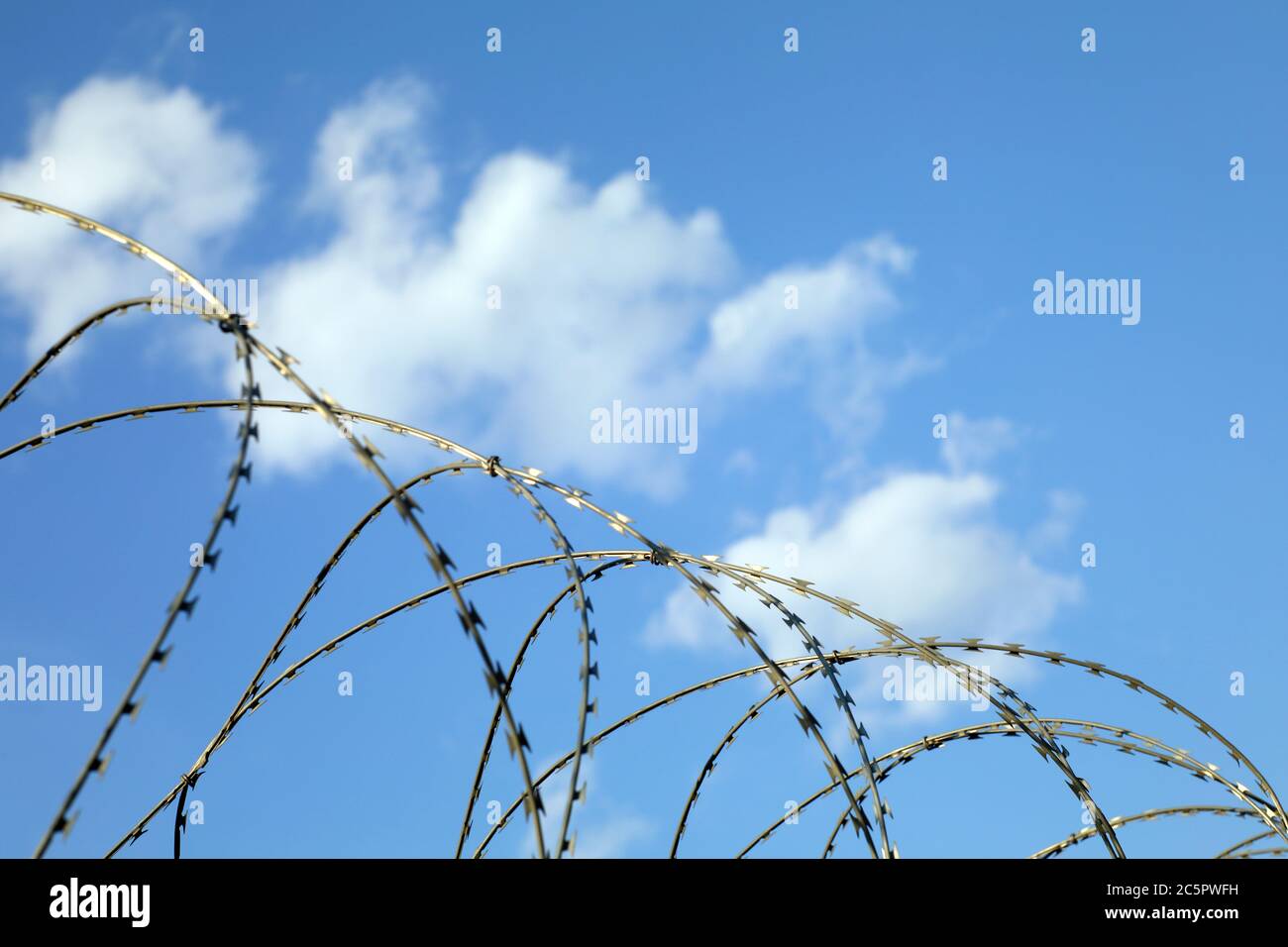 barbed wire fence of security or forbidden guarded area zone on blue sky with cluods with space for your text Stock Photo
