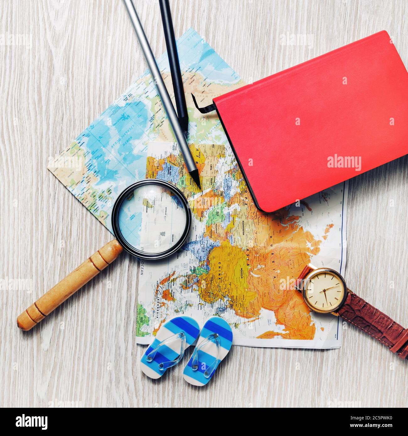 Travel planning concept. Overhead view of traveler accessories. Flat lay. Stock Photo