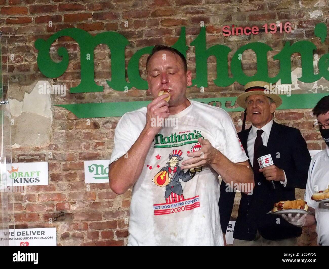 July 4, 2020, New York, New York, USA: Nathan's Famous Fourth of July International Hot Dog- Eating Contest.  Joey ''jaws'' Chestnut broke his record by eating 75 hot dogs this year and Miki Sudo   broke the female record set by Sonya Thomas in 2011. Miki  Sudo ate 48.5 Hot Dogs to win this years contest 7/4/2020 (Credit Image: © Bruce Cotler/ZUMA Wire) Stock Photo