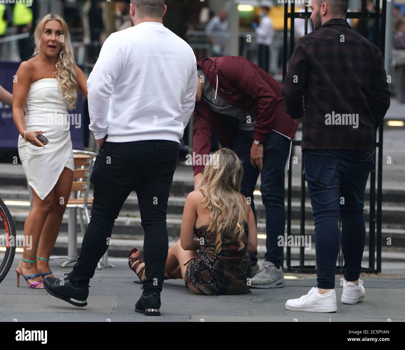 People in the Bigg Market area of Newcastle, where pubs and bars have reopened following the easing of coronavirus lockdown restrictions across England. Stock Photo