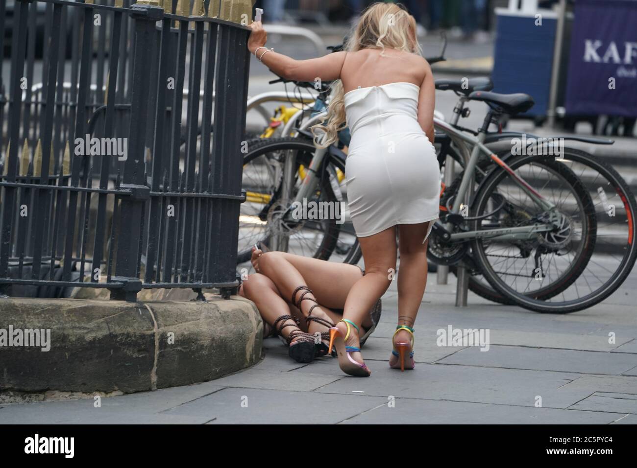 People in the Bigg Market area of Newcastle, where pubs and bars have reopened following the easing of coronavirus lockdown restrictions across England. Stock Photo