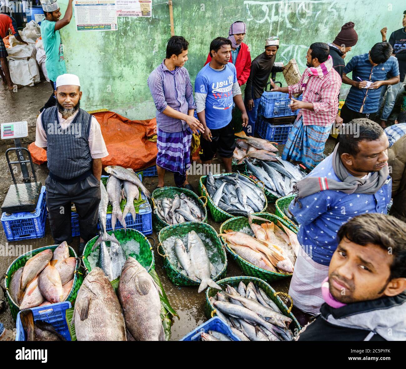 Chittagong, Bangladesh, December 23, 2017: Fish vendors at the market near Karnaphuli River in Chittagong Stock Photo