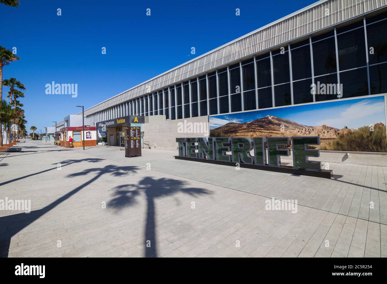 Empty terminal Tenerife South airport due to coronavirus Covid-19 outbreak travel restrictions. Spain's & Canary Islands tourism industry crisis Stock Photo